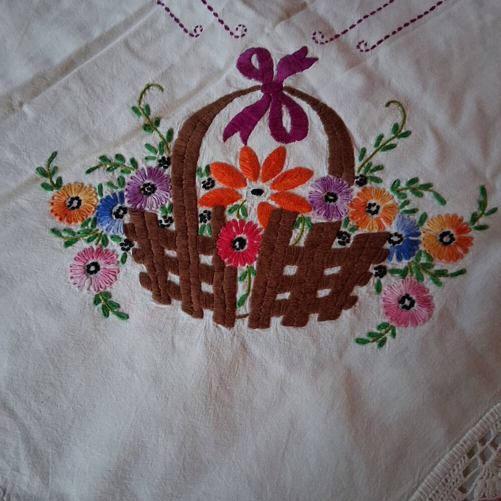 Vintage 1950s Hand Embroidered Easter Basket Tablecloth 72x53 w/ Crochet Trim